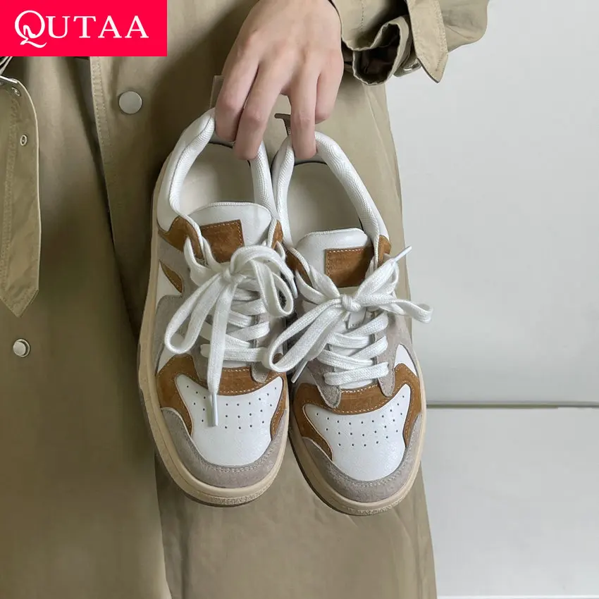 QUTAA 2022 Platform Cow Suede Casual Women Sneakers Spring Summer Round Toe Flat Heel Lace Up Fashion Ladies Shoes Size 35-40