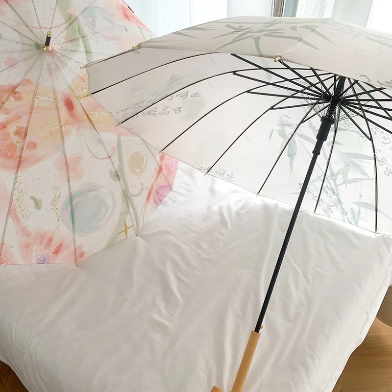 중국 빈티지 프린트 긴 손잡이 우산, 16 리브 확대, 자동 개방 방풍 방수 원목 손잡이 골프 우산