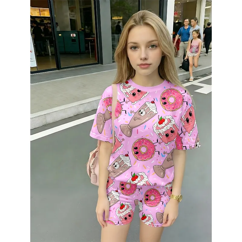 귀여운 도넛 디저트 프린트 캐주얼 투피스 세트 여름 반팔 티셔츠와 반바지 생일 선물 및 캐주얼웨어에 적합