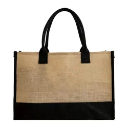 Large - Capacity Burlap Tote Bag with Garland Letter Design (Nature)
