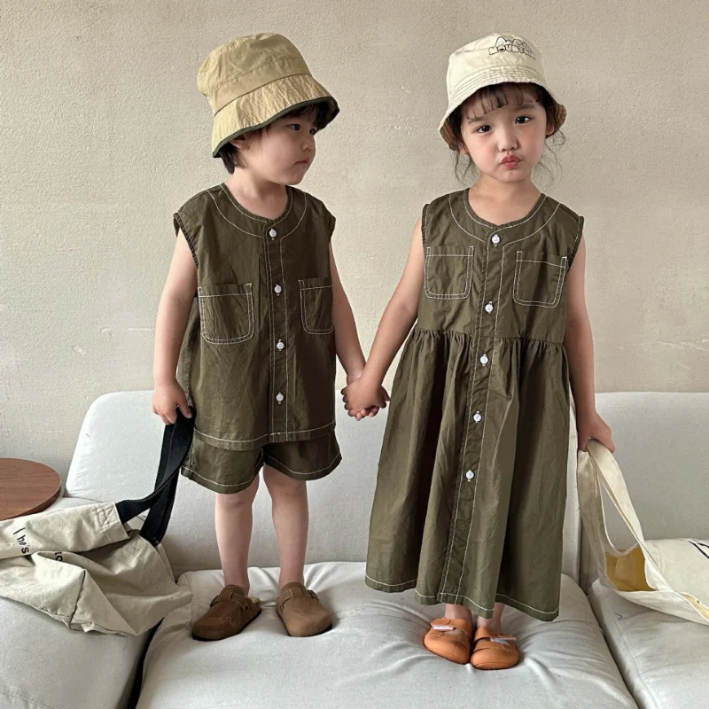 

New Summer Siblings Clothes Sets Children Cute Open Wire Boys Short Sleeve Clothes Set Girls Vest Dress