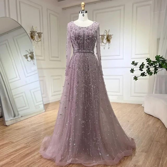 Wasisi Dubai Arabic Nude Designer Luxury Beaded Evening Dresses Customized 2025 Long Sleeves Gowns Wedding Party ELA72088 1