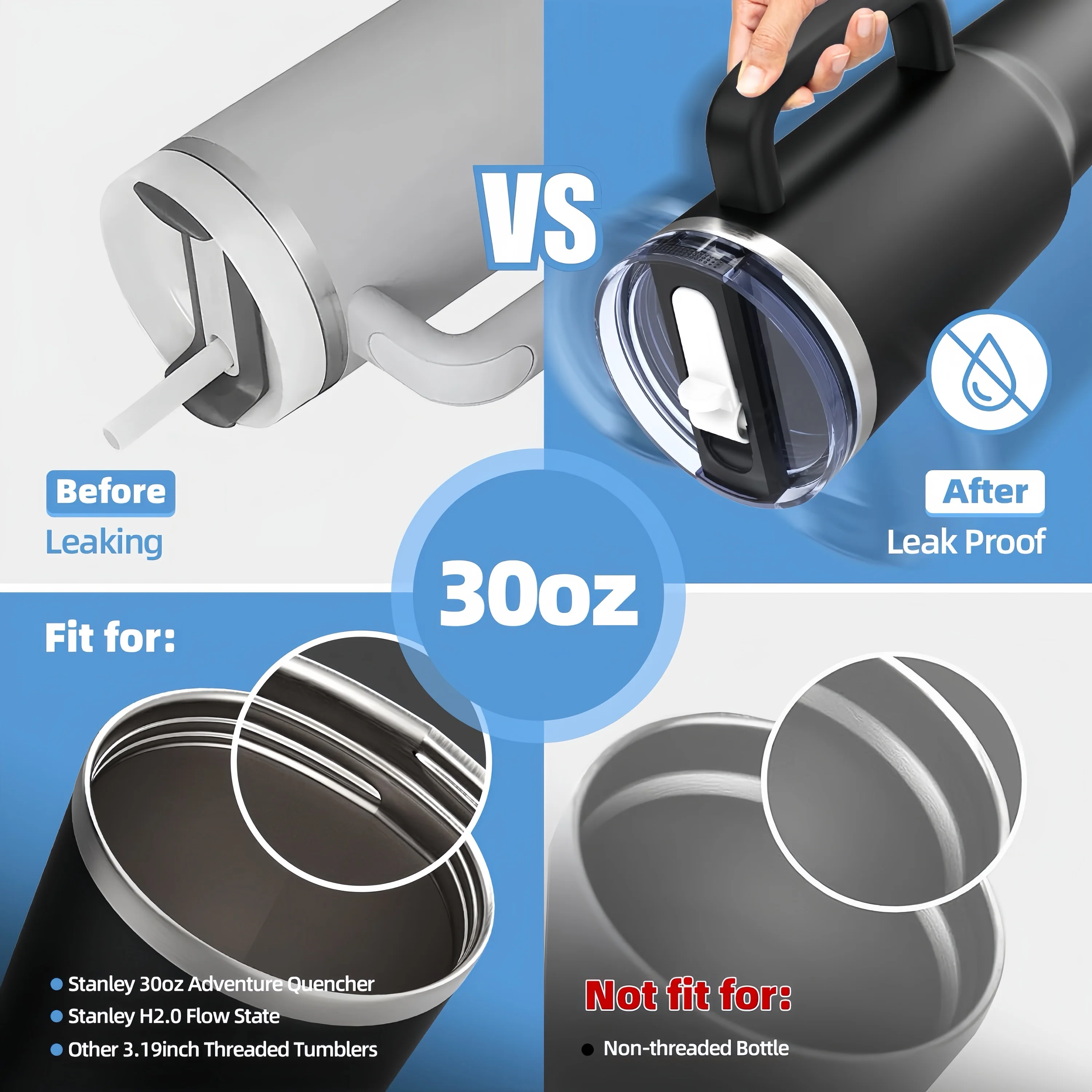 2-Pack Flip Straw Lid Replacement For Stanley 30 Oz Tumbler - Leak Proof, BPA-Free (Black) - View #5