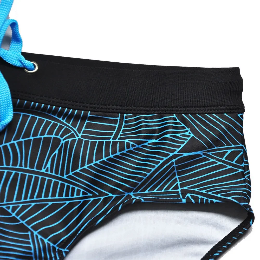 Men Swimwear Swim Briefs Bikini Leaf Print Swimsuits Pad Enhance Bathing Suit Beach Board Surf Shorts Trunks Beachwear Black