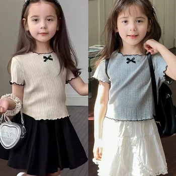 1-12Y Girl's Shirts Korean-style Knitted Lace-Trimmed Short-Sleeve Summer Ruched Tops Trendy Breathable Bow Tie Versatile Tee 1