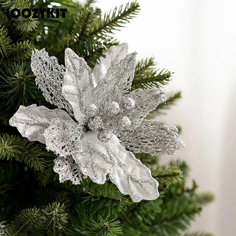 

Christmas Poinsettia Decorations 2023 Glitter Artificial Flowers Xmas Tree Hanging Pendant Family Merry Party Decor 15or20cm