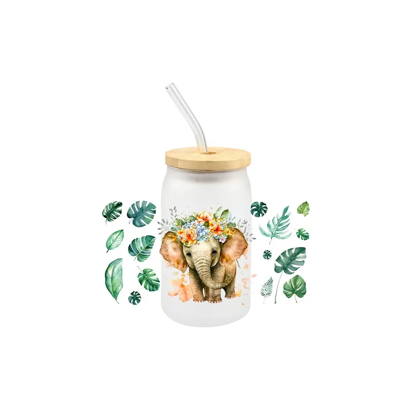 Elephant 3D UV DTF Cartoon Transfer Sticker Wraps Cup Libbey Glass Cup Decals Waterproof UV DTF Sticker