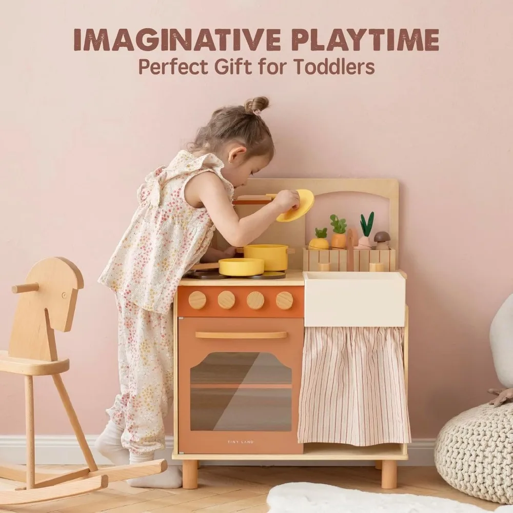 Land Play Kitchen Set, Toddler Kitchen with Cutting Food Set, Wooden Sets for Kids, Farm Style Toy Playset