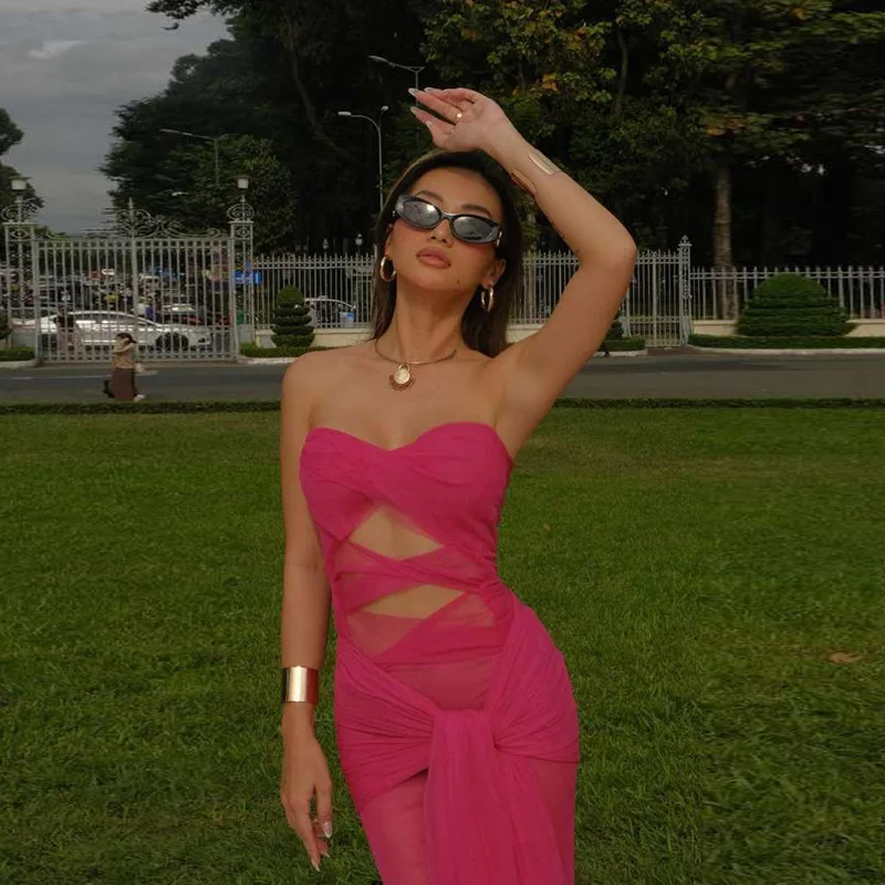 Nibber Women's Elegant Pink Maxi Dress Sexy Lady Long Dresses Girls Sleeveless Robe Mesh Hollow Out Partywear Streetwear New