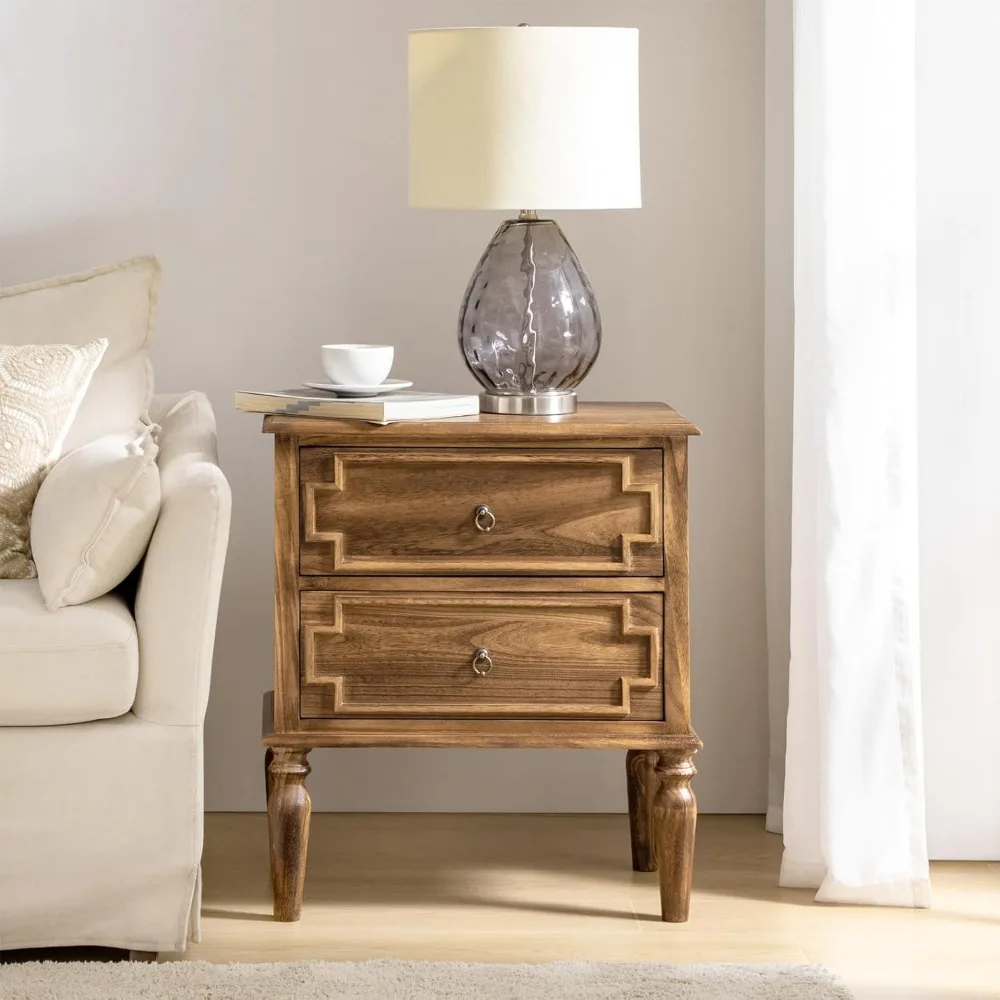 Nightstand with Charging Station, Farmhouse 24” Wide End Table with 2-Drawer & Wooden Legs, Vintage Tall Side Table, Walnut 5