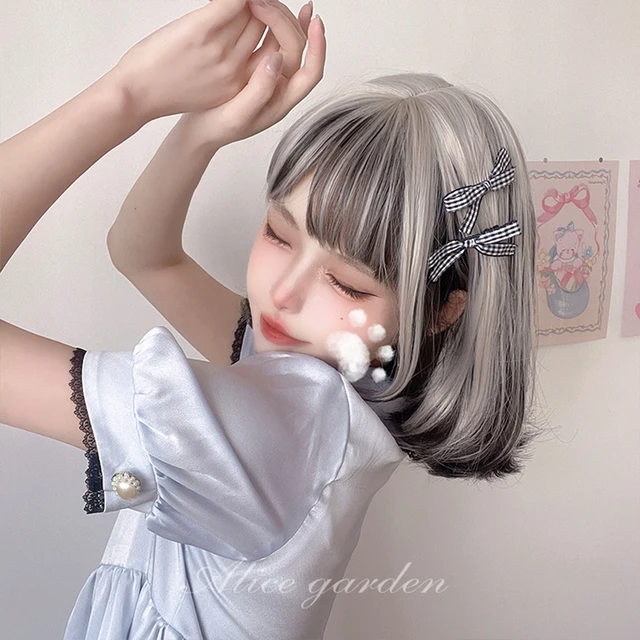 OLACARE Short Black Gray Highlight Bangs Synthetic Wig Lolita Cosplay Fashion Daily High Temperature Resistant Wig Woman 5