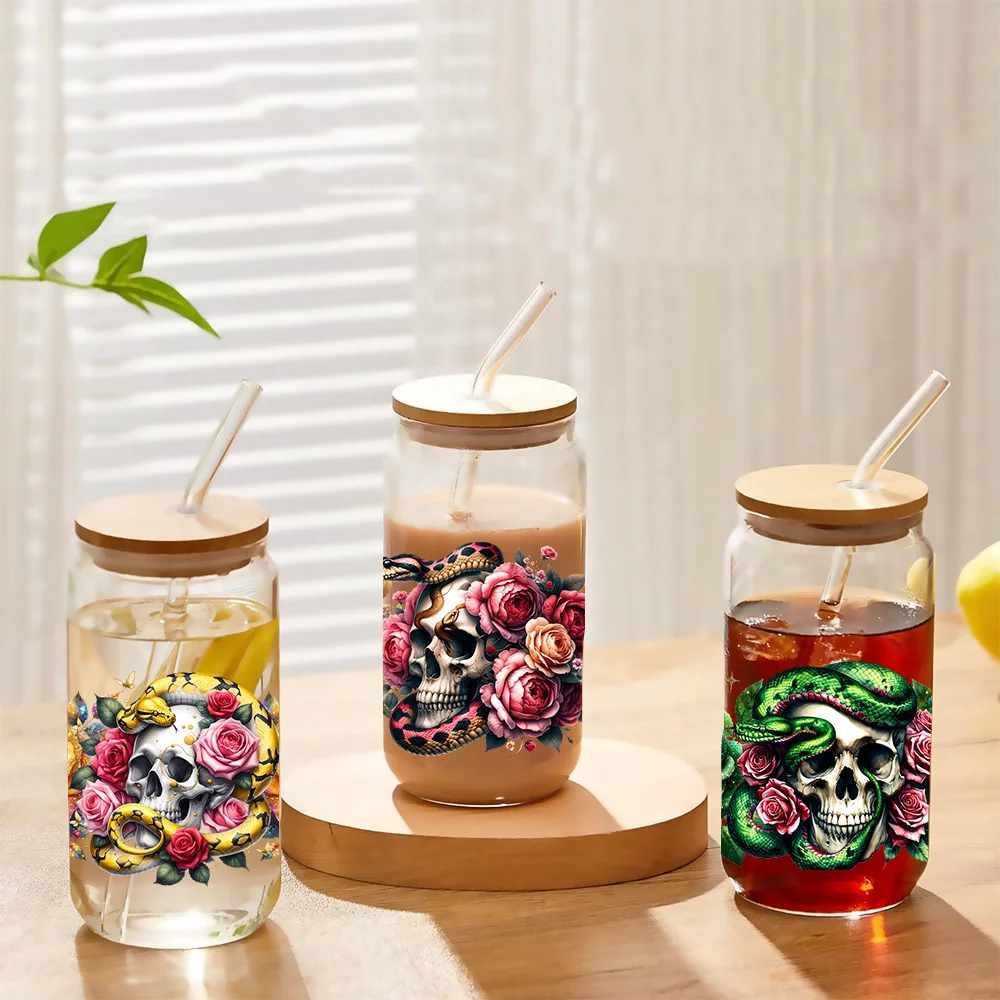 Skull Series easy peel waterproof DIY Decals Retro Beauty 3D transfers uvdtf crystal sticker 16oz uv dtf cup wraps