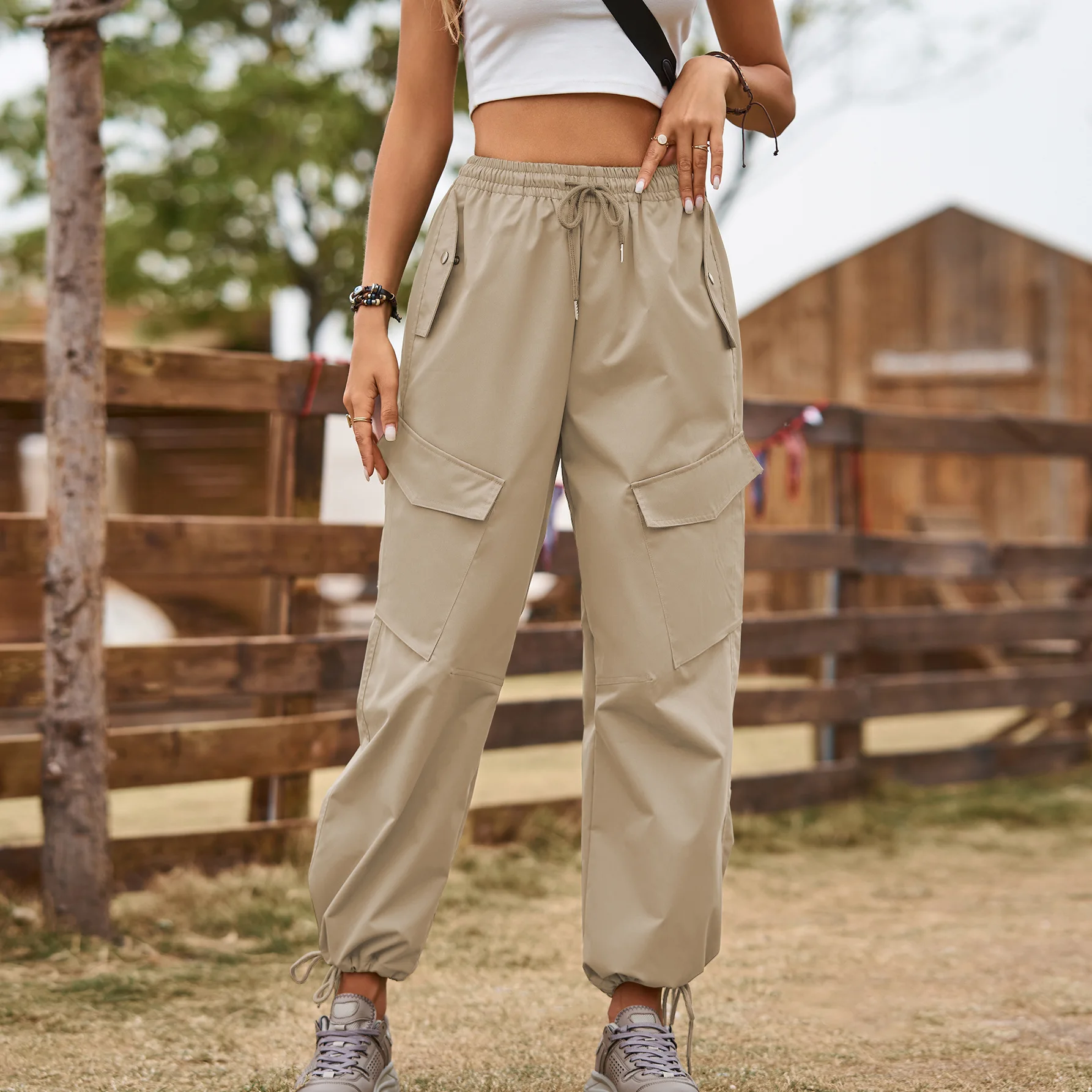 

European Style Woman Cargo Pant Elastic Waist Female Trouser Spring Summer Sweatpants Women