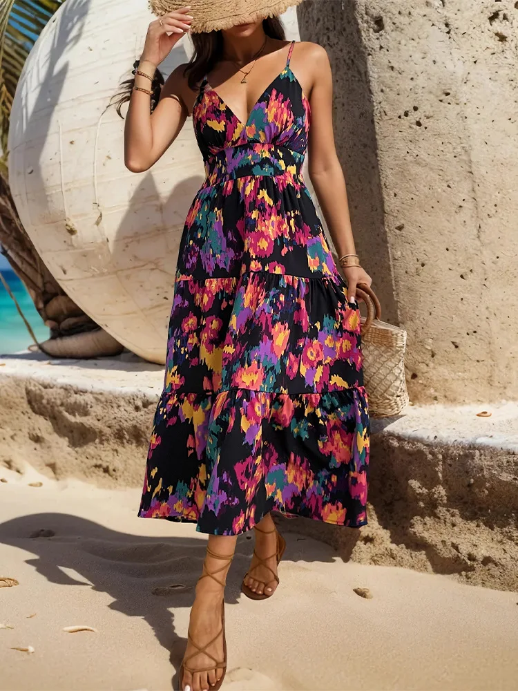 

Women V Neck Floral Print Sundress Summer Spaghetti Strap Long Dress Elegant Split Backless A-line Skirt