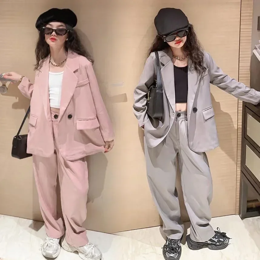 

New Girl Blazer Sets Spring Autumn Long Sleeve Loose Coat + Pants 2pcs Suits Children Solid Teenage Clothes 6-16 Years Wz1212