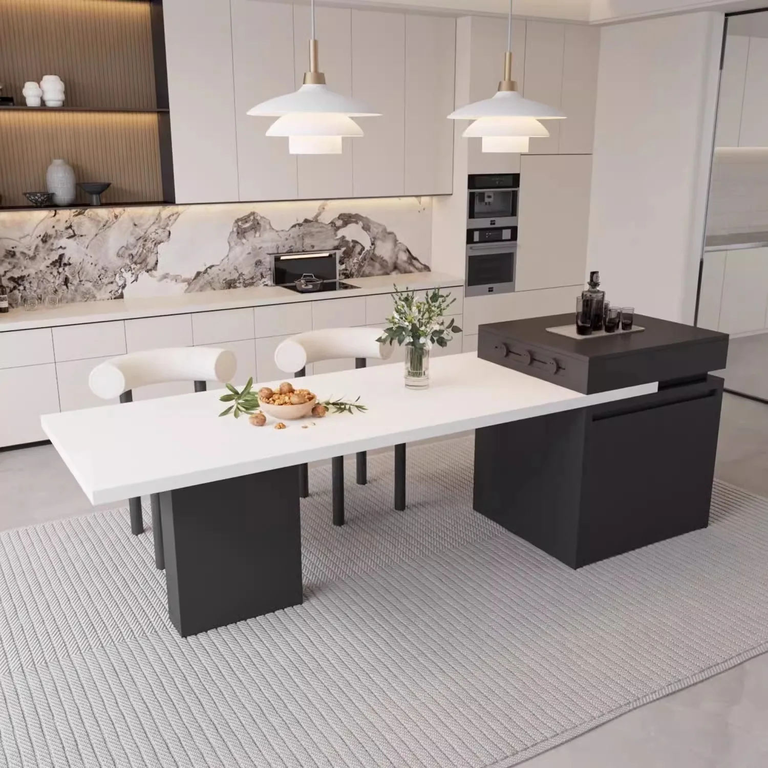 Retractable rock slab island dining table integrated household small mid-island kitchen multi-functional Italian minimalist guid