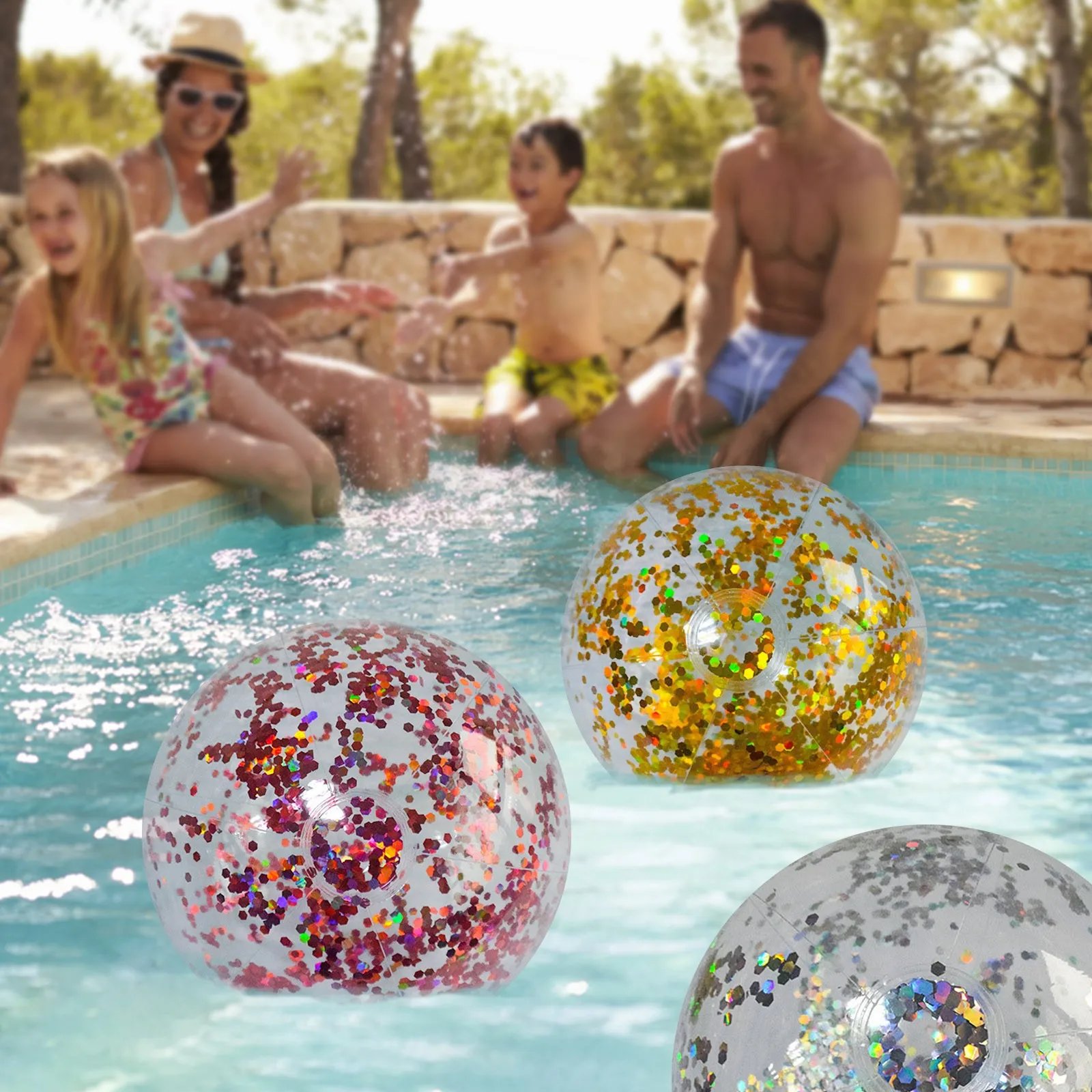 Inflatable Glitter Beach Ball Confetti Swim Pool Water Play Games Kids Adult UK 