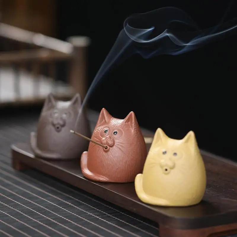 Zisha Clay Tea Pet Decoration Statue Boutique Tea Decoration Decorative Zisha Cat Sculpture for Coffee Table Aromatherapy