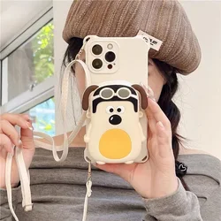 Chic Crossbody Cartoon Card Holder Wallet Case with Lanyard Strap - iPhone 14 (Whitedog)