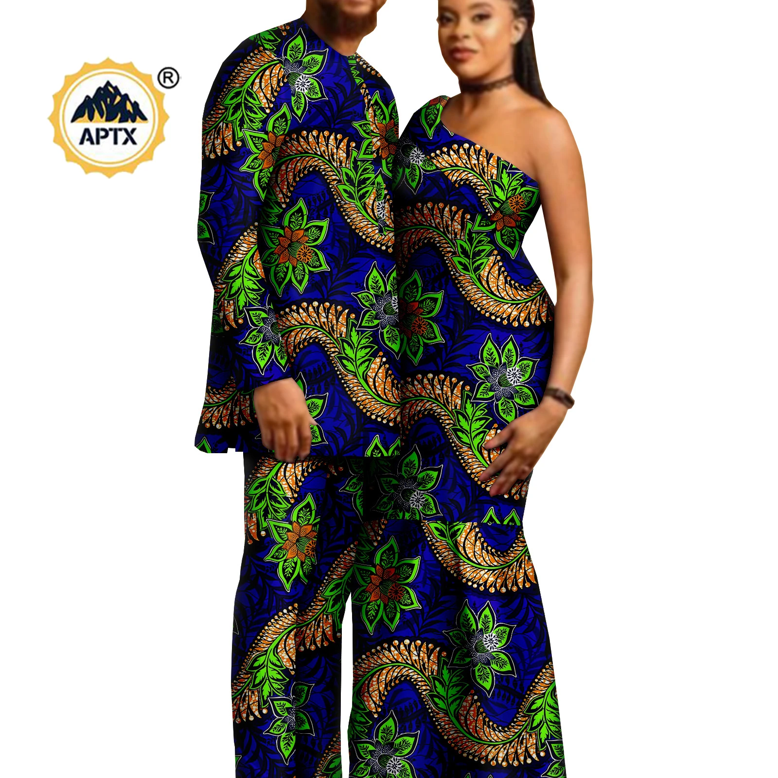 Dashiki Couple Outfit Set – Women’s African Dress with Men’s Bazin Riche Top and Pants