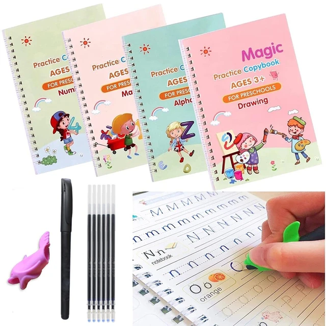 4 Large Magical Children's Magic Copybooks, Reusable Magic Writing,  Including (6 Pens + 1 Pen Case + 1 Pen Holder), Children's Handwriting  Practice, M