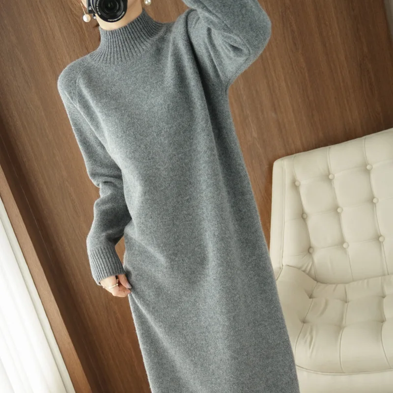 

Spring Winter Solid Knitted Cotton Sweater Long Dress Women Casual Loose O-neck Pullover Female Bottoming Knitted Dress Vestidos