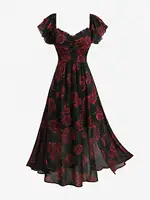 ROSEGAL Plus Size Rose Flower Print Ruched Split A-Line Dress 2026 New Arrived Women's Elegant Casual Maxi Dress Robe Vestidos - Image 2
