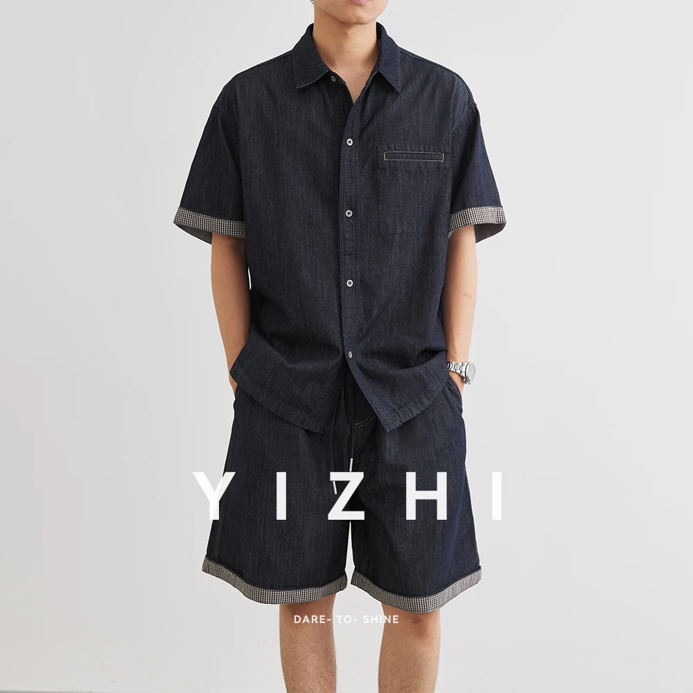 Men's Denim Suit Lapel Short Sleeve Shirt Summer New Casual Shirt Denim Shorts Two-piece Korean Fashion Hot Selling Items