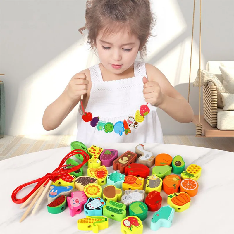 42pcs Beaded Wooden Toys Baby Cartoon Fruit Animal Stringing