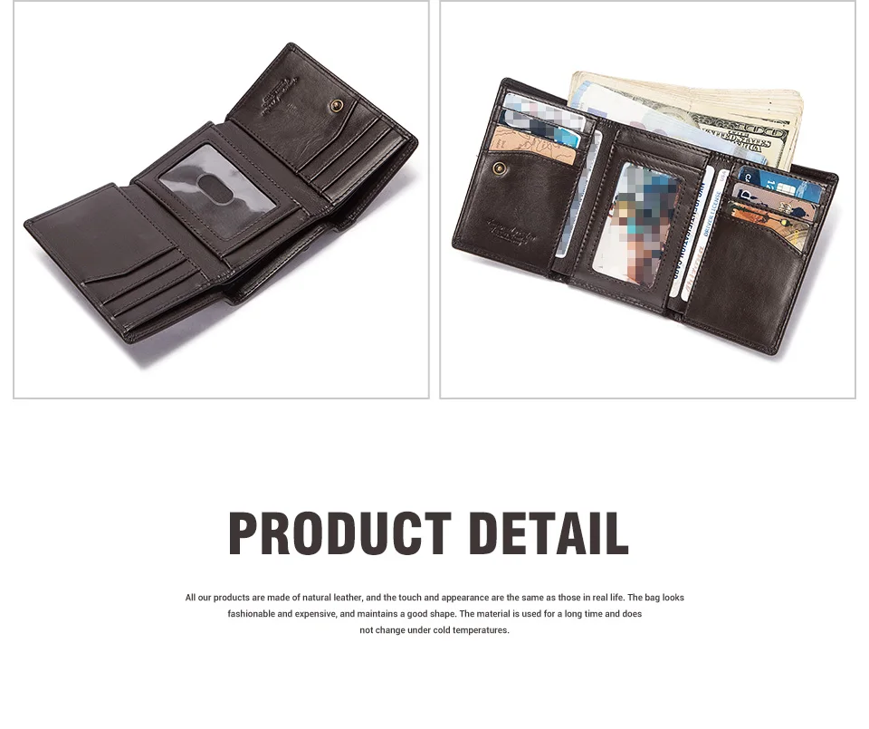 Genuine Leather Trifold Wallets for Men RFID Slim Card Holder with ID Window High Quality Male Zipper Coin Pocket Small Clutch