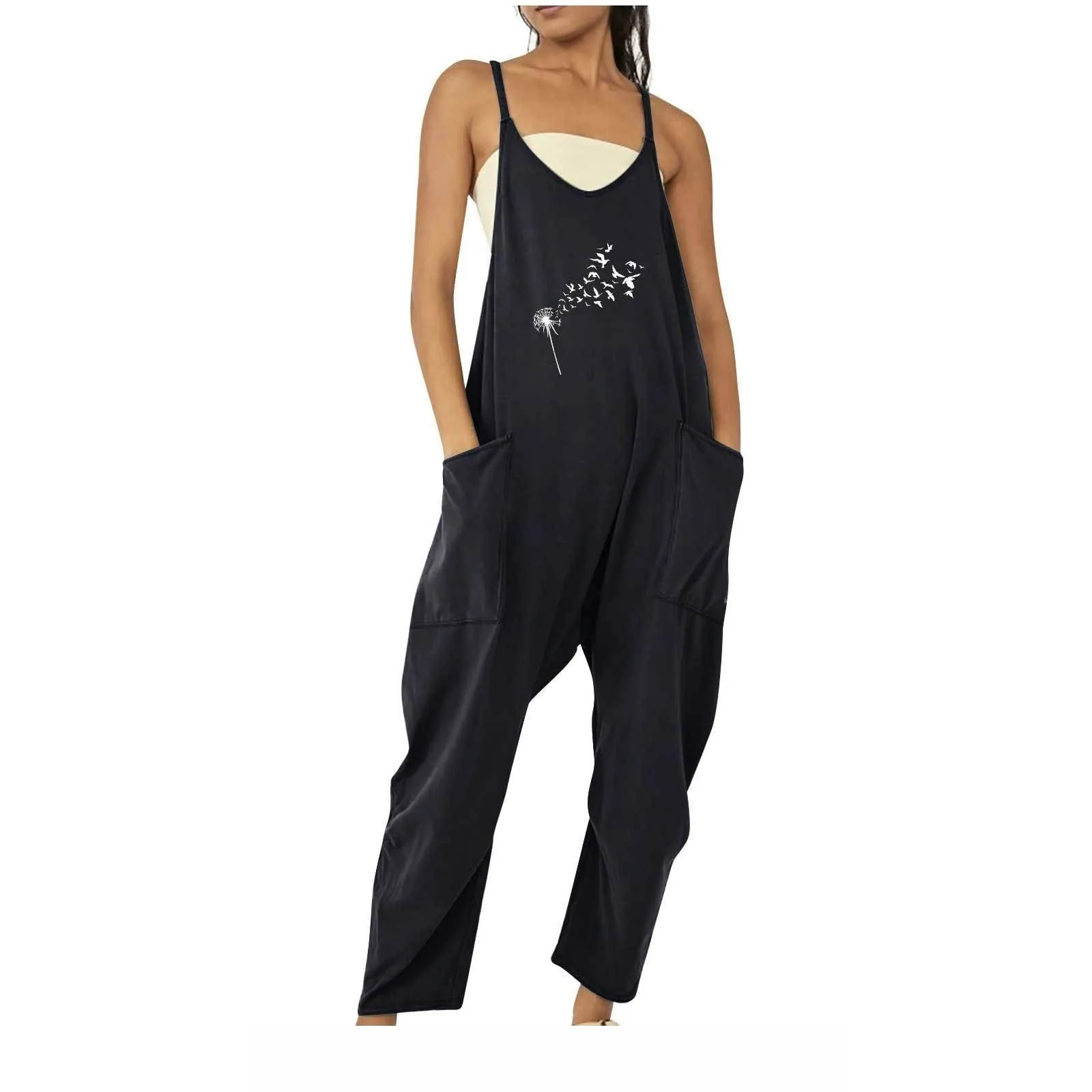 

Women's Casual Sleeveless Non-Adjustable Shoulder Straps Loose Trousers Zip Trim Jumpsuit With Pockets macacao feminino 점프슈트 여성