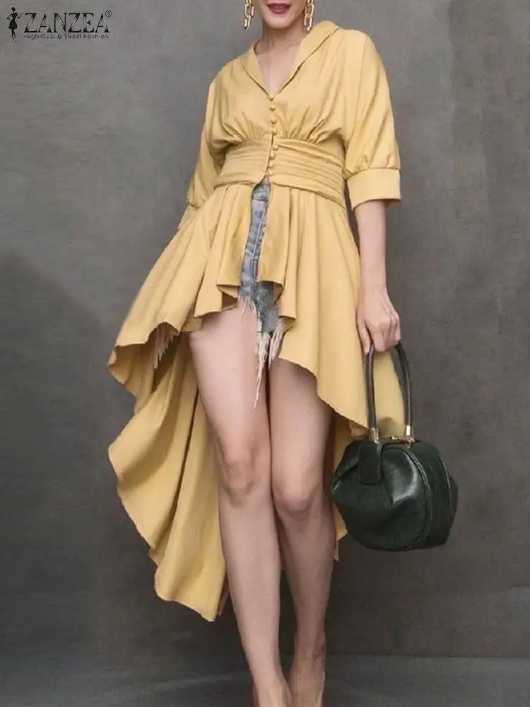

ZANZEA Casual Buttons Pleated Blusas Fashion Asymmetrical Tops Women Long Blouse 2023 Elegant 3/4 Sleeve Waist Solid Color Shirt