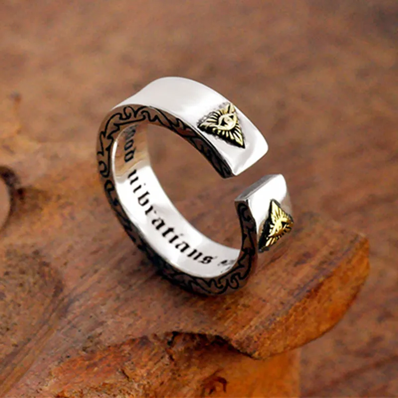 

S925 Sterling Silver Vintage Pattern God's Eye Personalized Hip Hop Horus Eye Fashion Men's Thai Silver Punk Open Ring gift