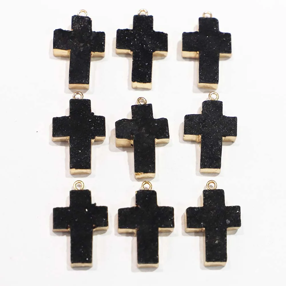 Selling Natural Stone Black Agate Cross Druzy Necklace Pendant Men Women Unisex Charms DIY Fashion Jewelry Making Wholesale 6Pcs