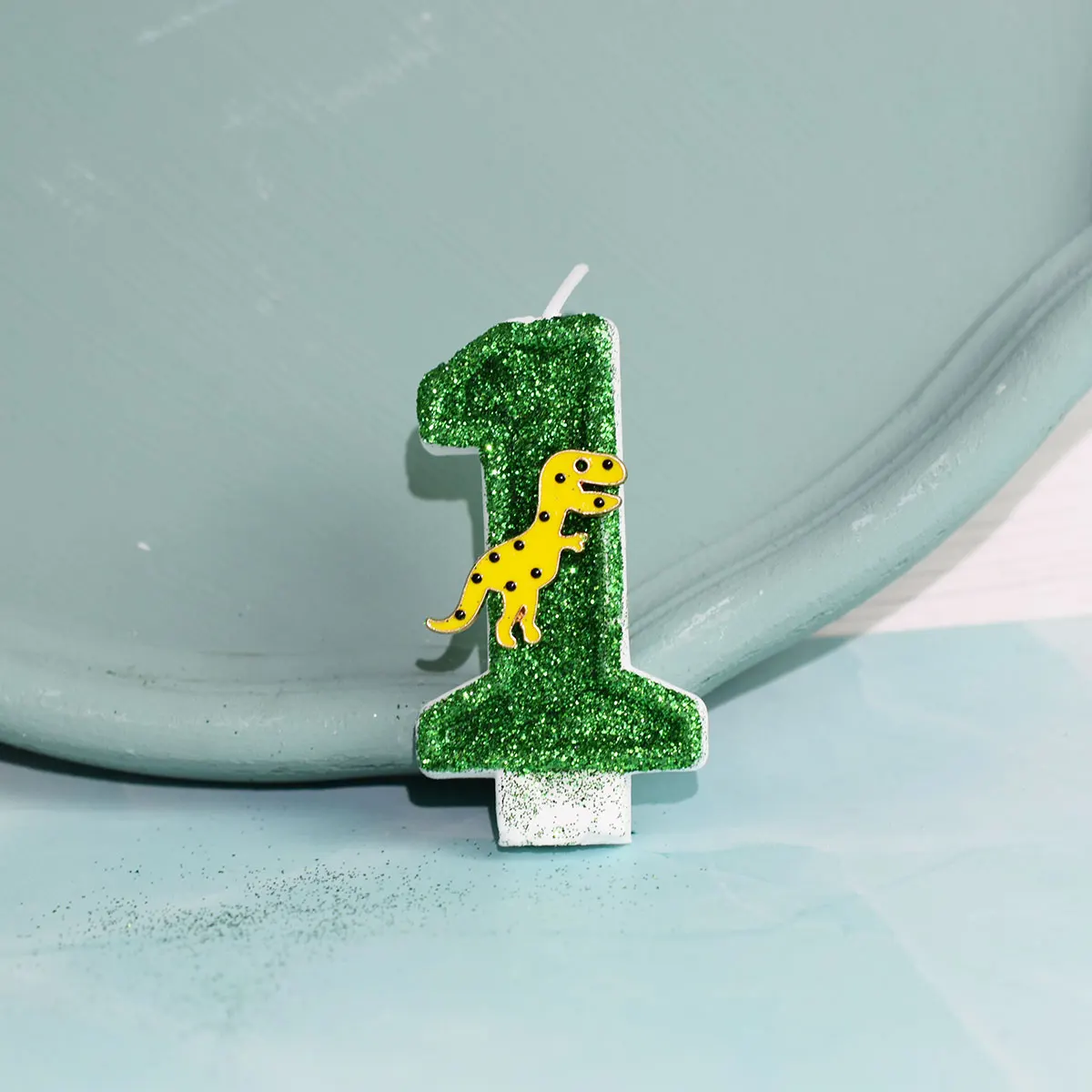 Birthday Candle Cake Topper Card for Children's Day, Cute Green and Yellow, Baby Favor Gift, Dinosaur Decoration, Baking Supplie