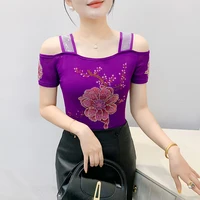 High Quality Summer Slim Sweet Girls T-Shirt Shiny Flower Design Hot Diamonds Tops Women's Brand Clothes Sexy Tees - Image 3
