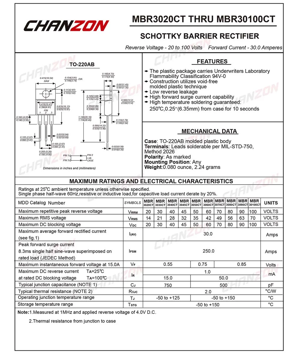 Chanzon MBR30100PT Schottky-Diode – 30A 100V, TO-3P, 5 Stk., Hochstromfähig, Für Gleichrichter & Netzteile