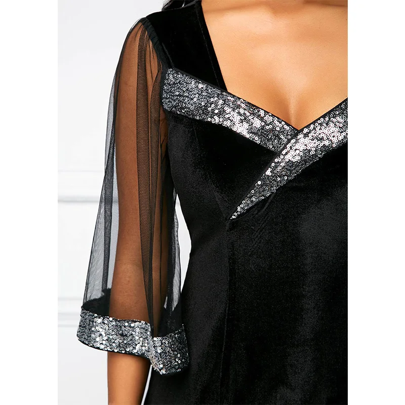 Evening Party Lace Patchwork Pencil Skirt Elegant V-Neck Higt Waist Half Sleeve Zipper Dense Velour Plus Size Knee-Length Dress