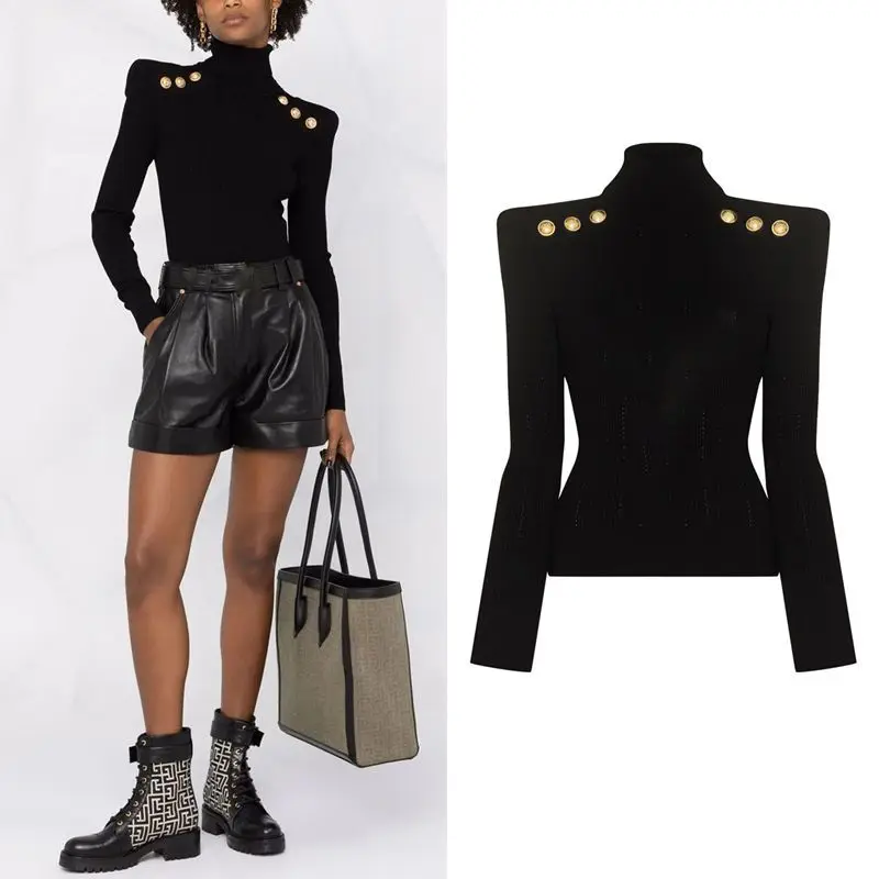 

2022 Early Autumn New European And American Star Fashion Shoulder Button Lion Button Simple High Collar Pullover Women's Sweater