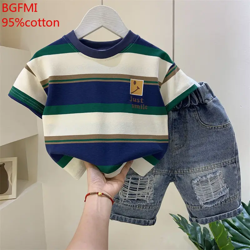 Baby Boys Clothing Children Summer Teenage Clothes Toddler Stripe Cotton T Shirt+hole Denim Shorts 2pc Sets Kids Sports Outfits