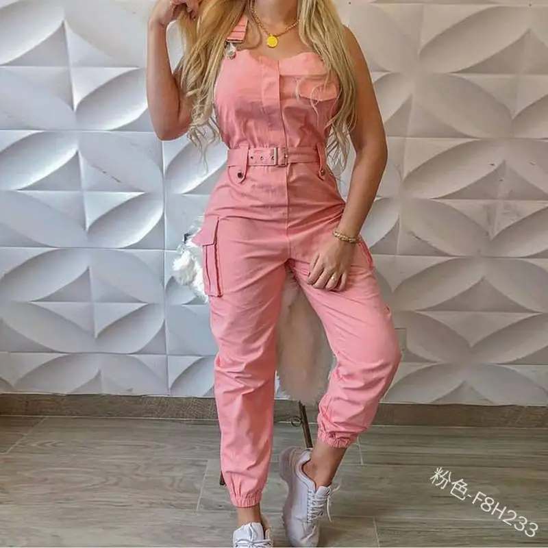 Women's Workwear Pocket Design Jumpsuit Sleeveless Strap Pants Minimalist Leggings+Belt