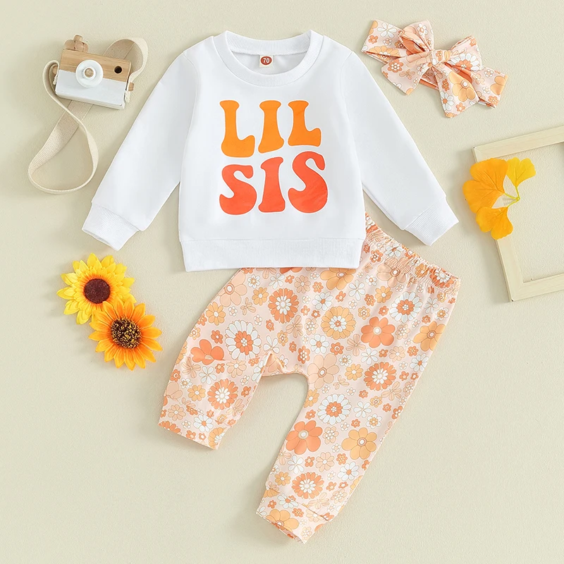 

Toddler Baby Girl Big Sister Little Sister Matching Outfits Letter Long Sleeve Tops Flower Pants Bow Headband