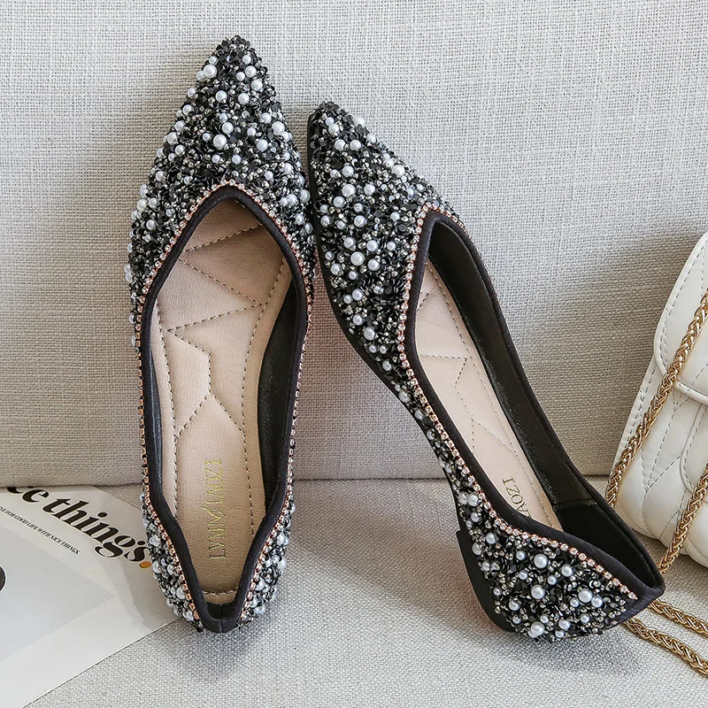 2022 Woman Luxury Shoes Big Size 34-43 Paillette Flats Heels Ballerina Ladies Pointed Toe Loafers Ballets Shoes Dressy Femmes 3