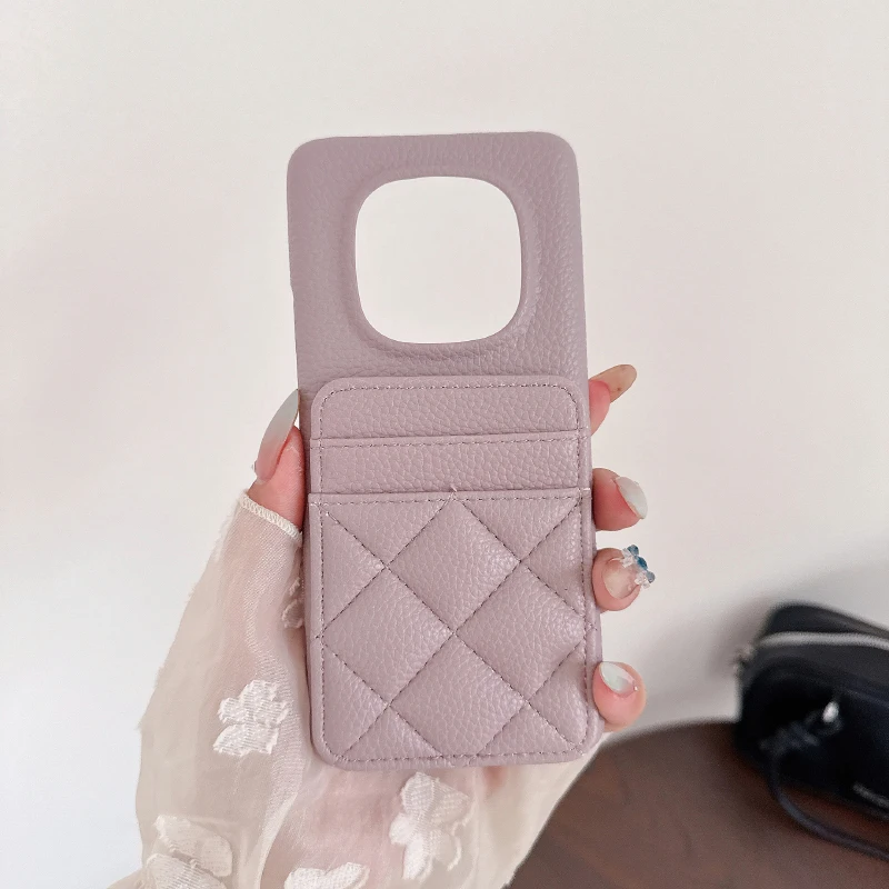 Lingge Leather Card Slot Wallet Phone Case - Solid Color Design