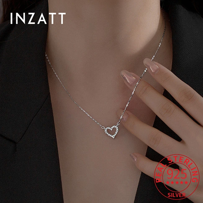 

INZATT Real 925 Sterling Silver Zircon CZ Hollow Heart Choker Necklace for Women Classic Fine Jewelry Minimalist Accessories