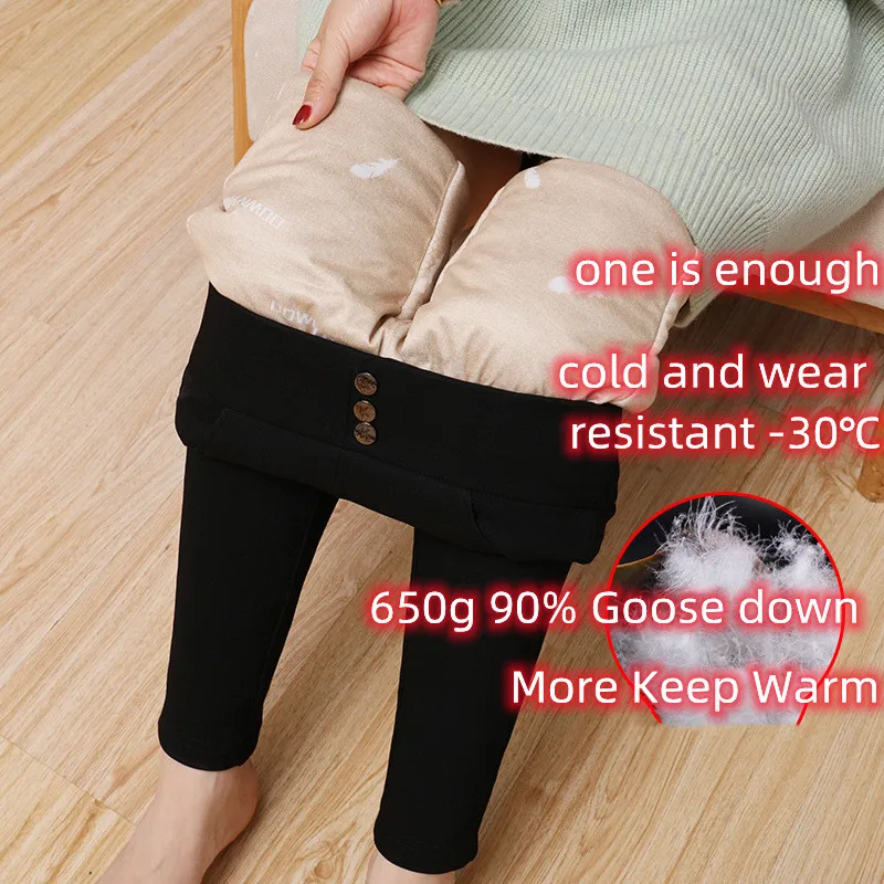 -30℃ Keep Warm 90% Goose Down Pants Women Stretch Snow Wear Black High Waist Pencil Trousers Slim Thicken Windproof Pantalones winter keep warm boots children size 25 36 black boots for girl pu leather waterproof winter kids snow shoes girls rubber boots