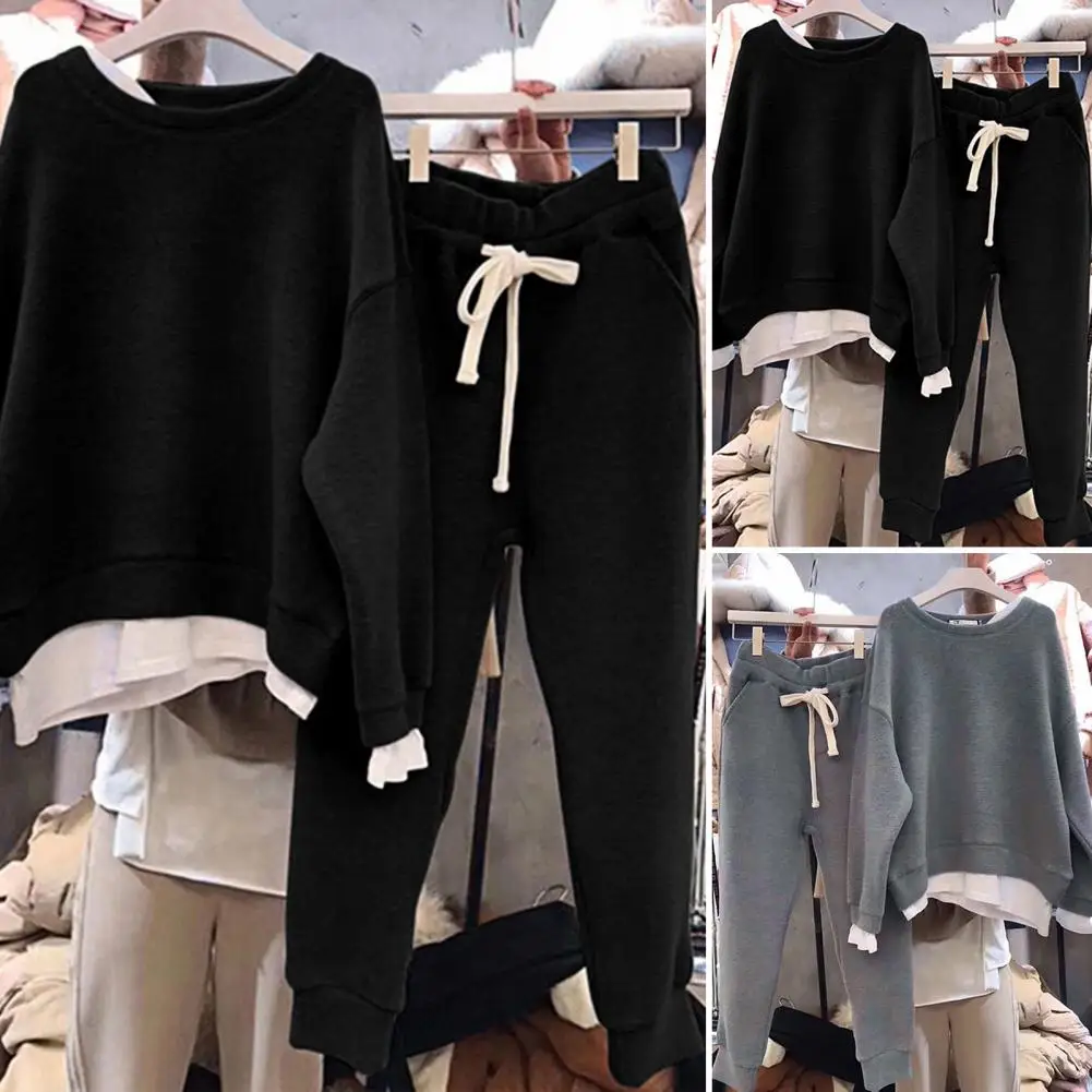 

Chic Pockets Adjustable Waist Sweatshirt Sweatpants Set Elastic Waist Streetwear Women Sweatshirt Pants Set for Daily Wear