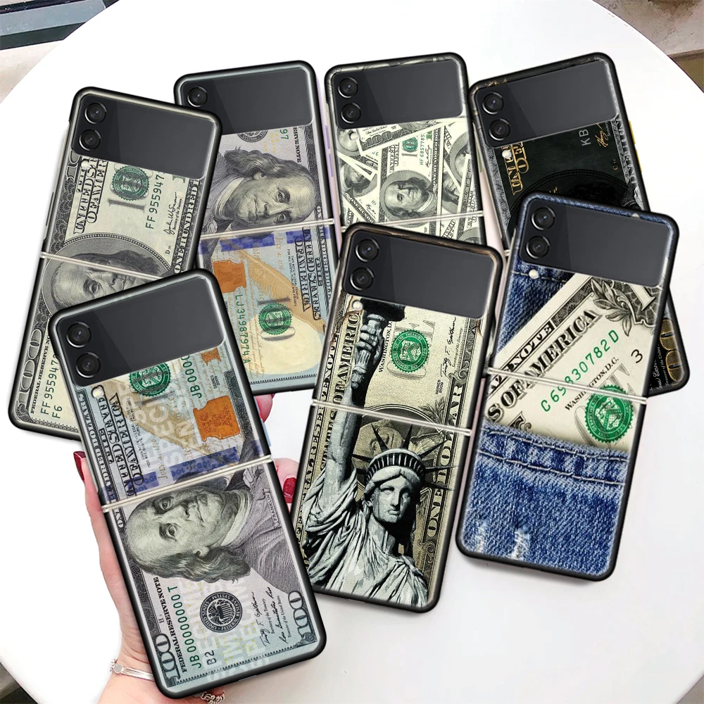 Banconota Dollar Cash Money Coque Custodia Per Telefono Per Samsung Galaxy Z Flip 4 3 5 5G Black Hard Cover Zflip 5 3 4 Luxury Antiurto Bu
