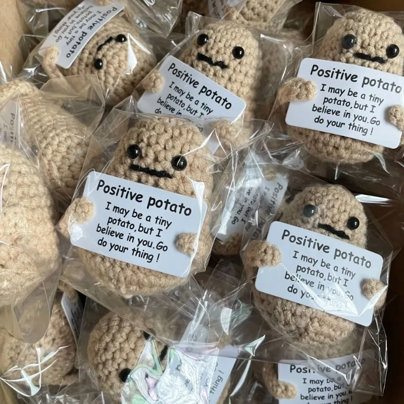 Miniature Figurines Mini Positive Energy Potato Toys Cute Emotional Support Potatoes Handmade Wool Crochet Knitting Doll with Card Home Decor Gifts