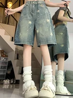 Women High Waist American Retro Washed Wide Leg Jeans Girls Street Do Old Star Loose Denim Pants Female Blue Knee Length Shorts - Image 2